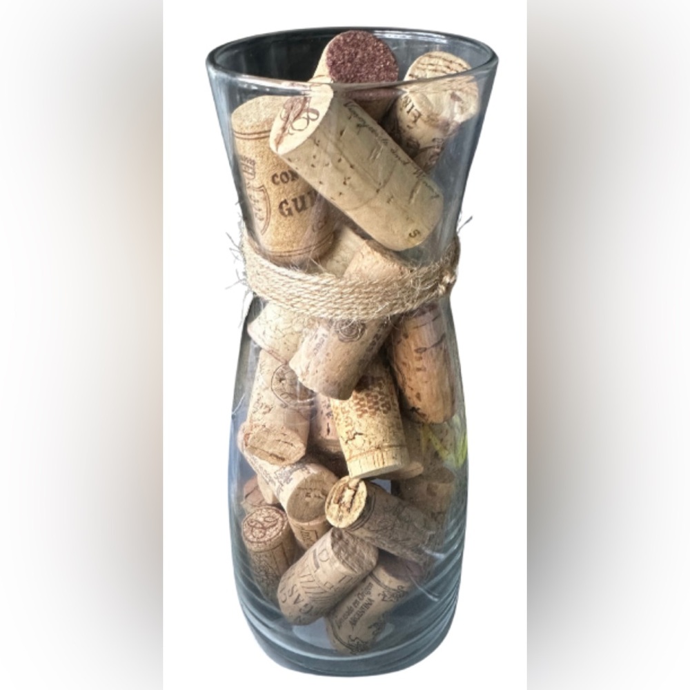 Elegant 9” Glass Vase with Recycled Used Wine Corks & Jute Twine